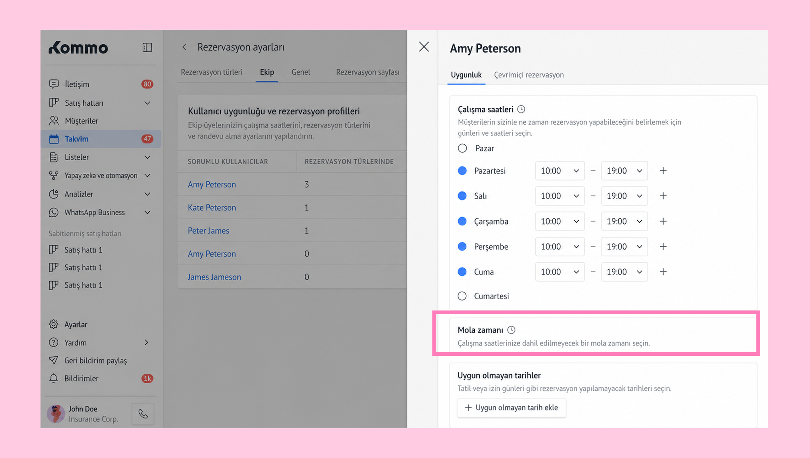 User settings for scheduling and availability in a reservation management interface.